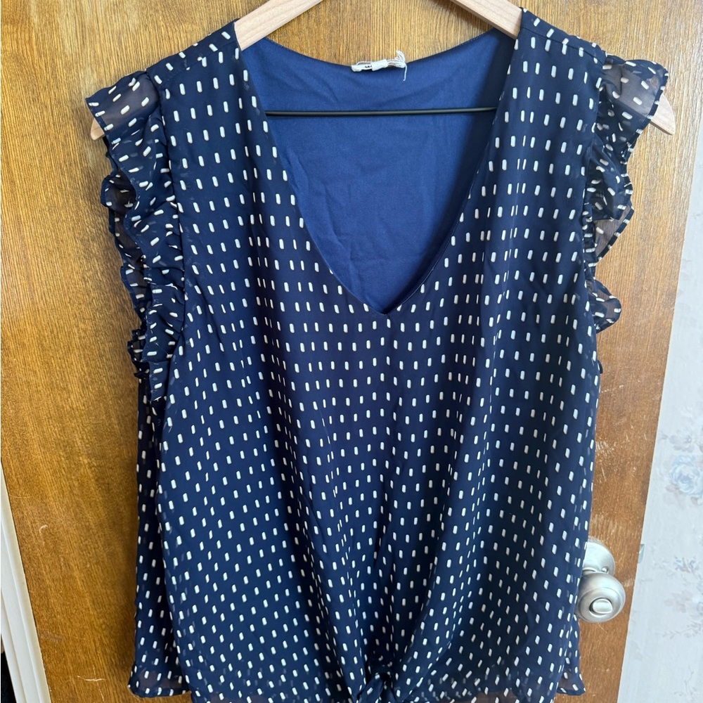 Sleeveless Navy Polka-Rectangle Ruffle V-Neck Top